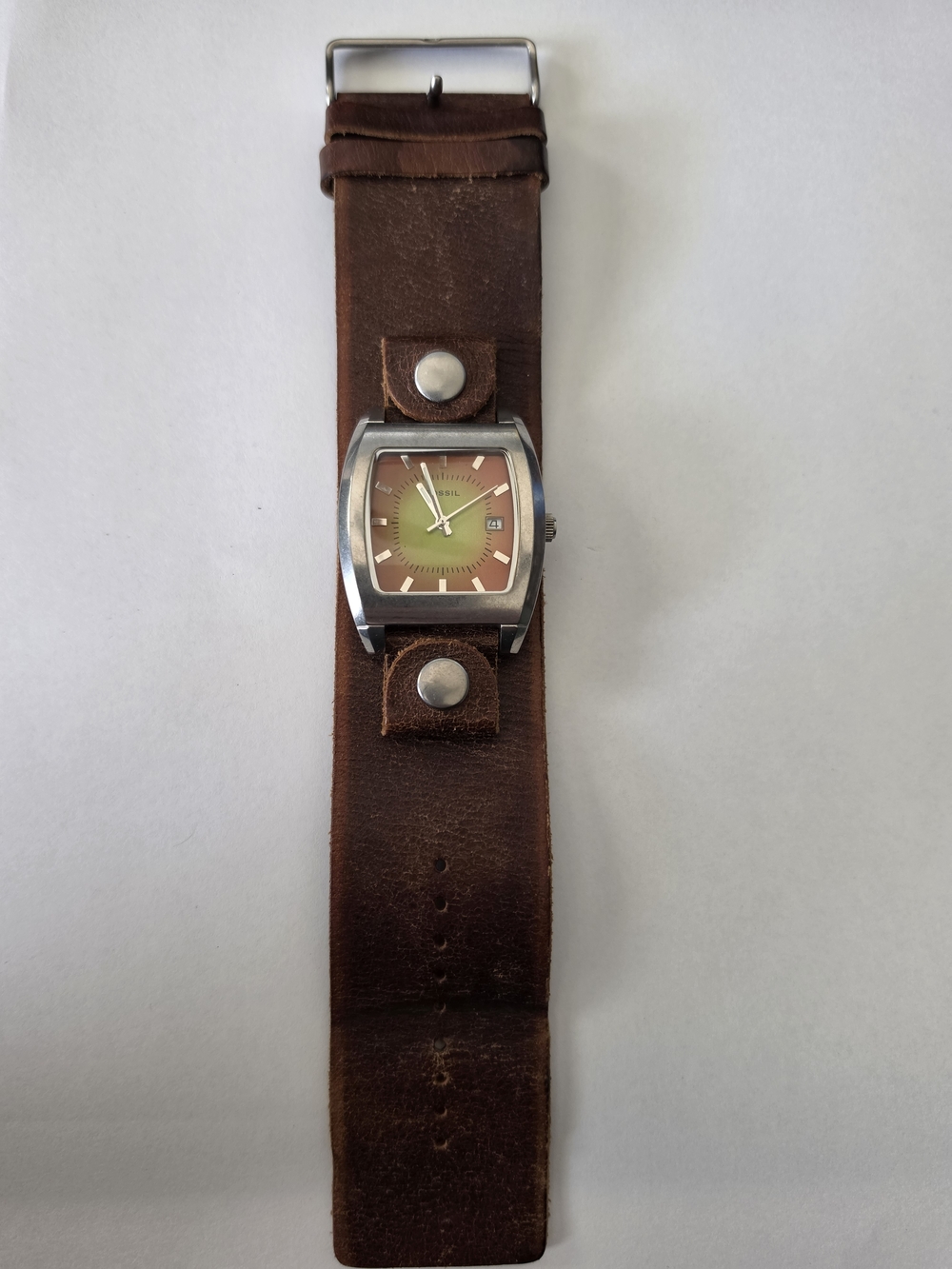 Square Dial Leather Cuff Watch in Brown with Gradient Dial